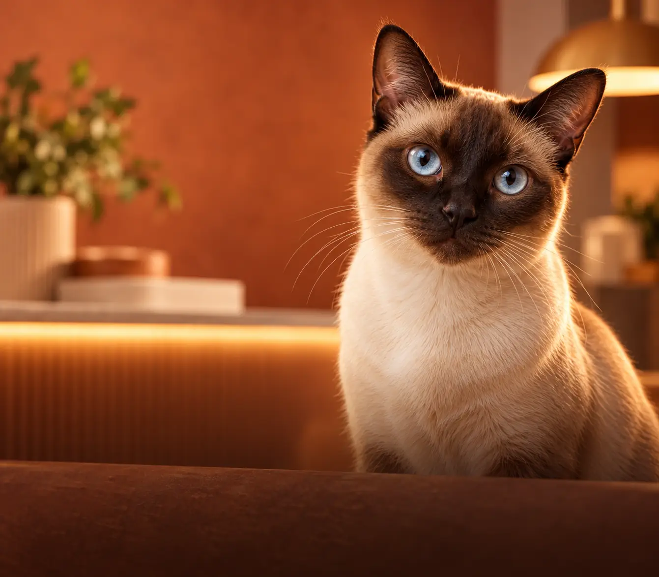 Gato siamés en una recepción premium con fondo terracota