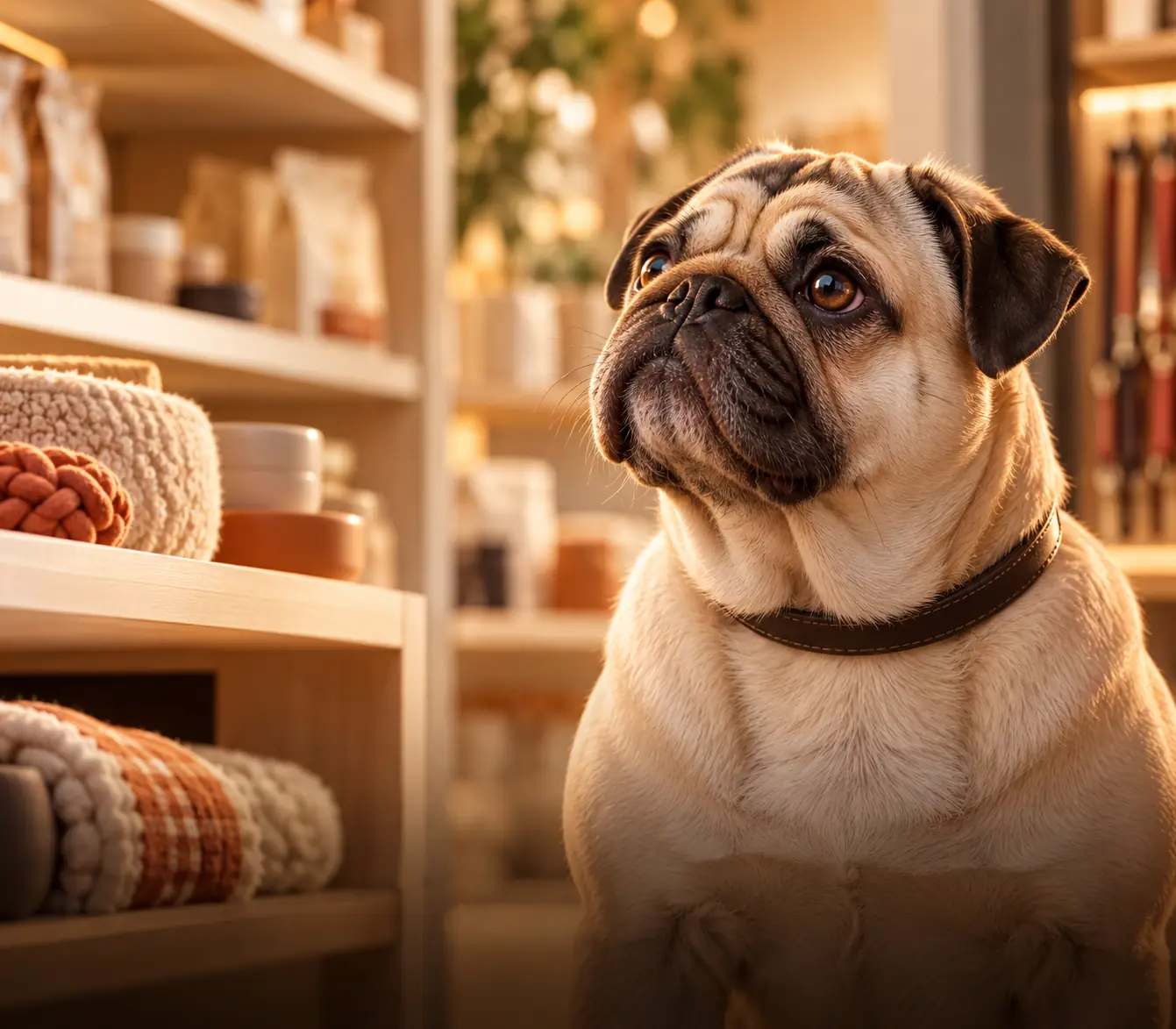 Pug dentro de un pet shop premium