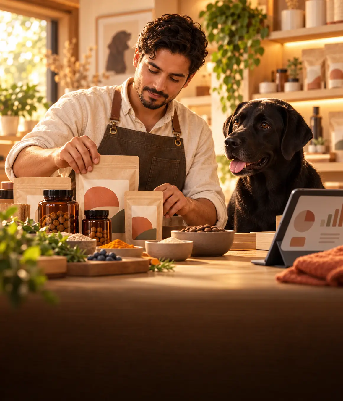 Fundador trabajando con envases y productos junto a un perro