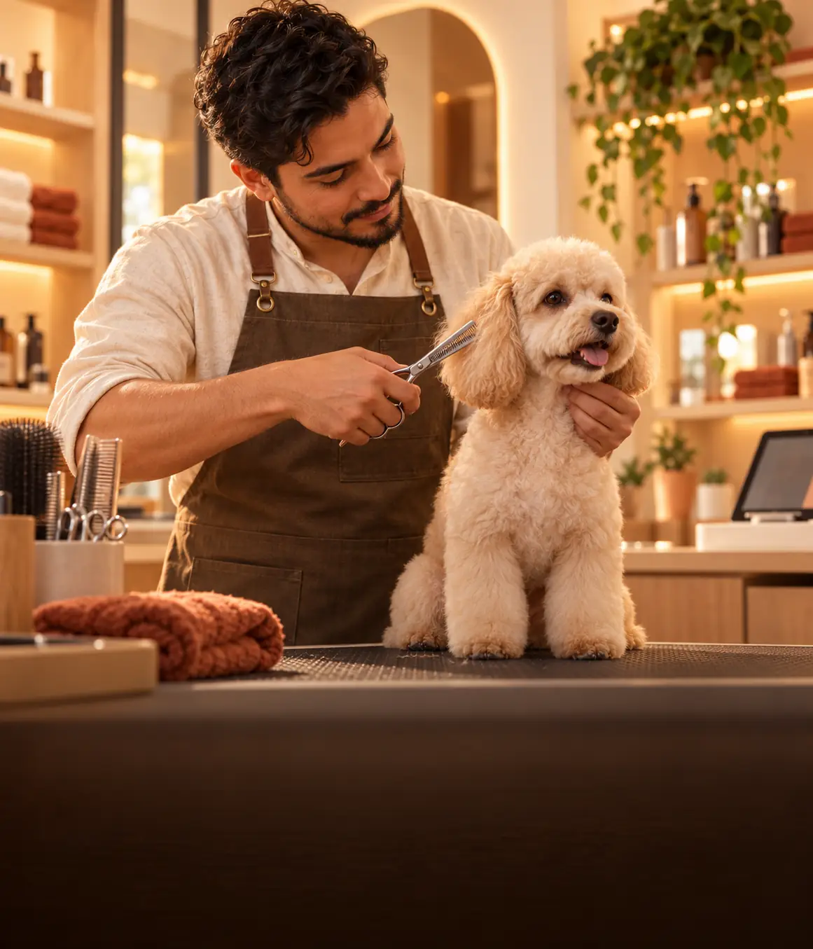 Peluquero trabajando con un perro en un salón premium