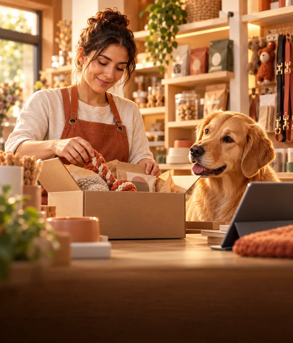 Dueña de pet shop preparando un pedido online junto a un perro