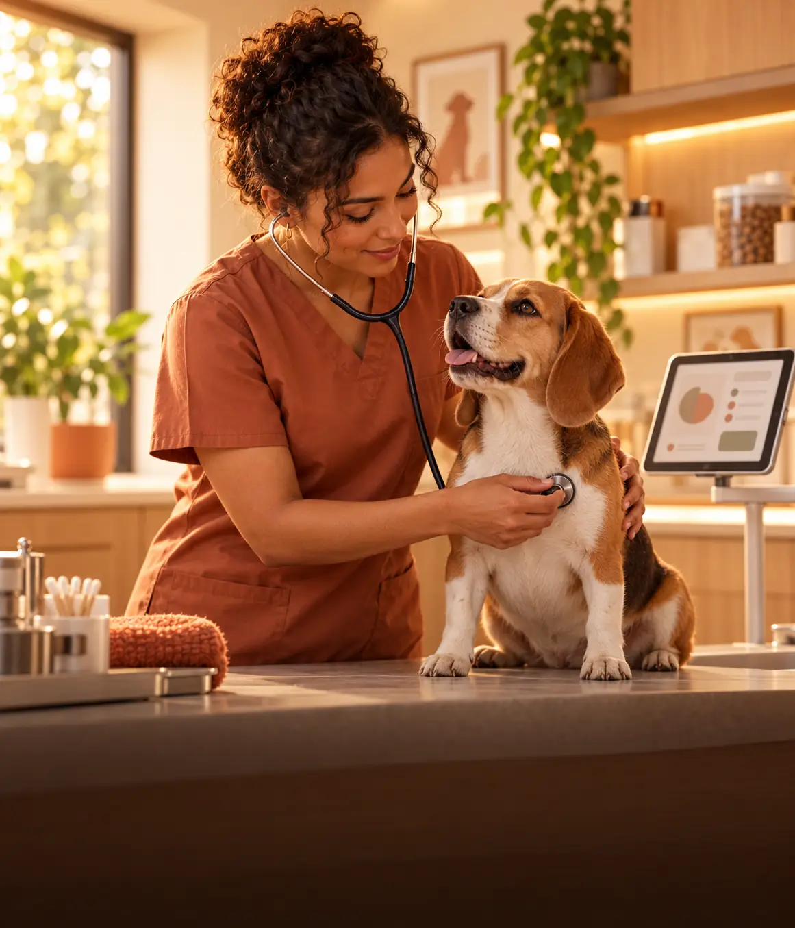 Veterinaria atendiendo un perro en una clínica cálida con una tablet