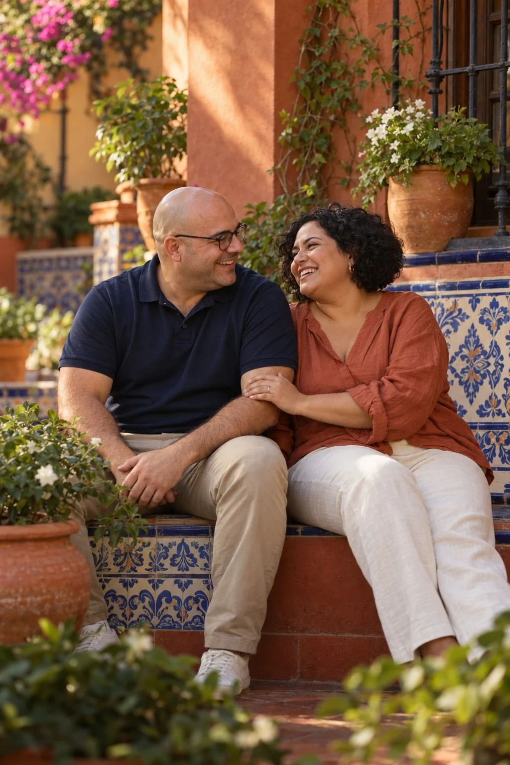 Inés y Álvaro riendo juntos en un patio sevillano antes de su boda