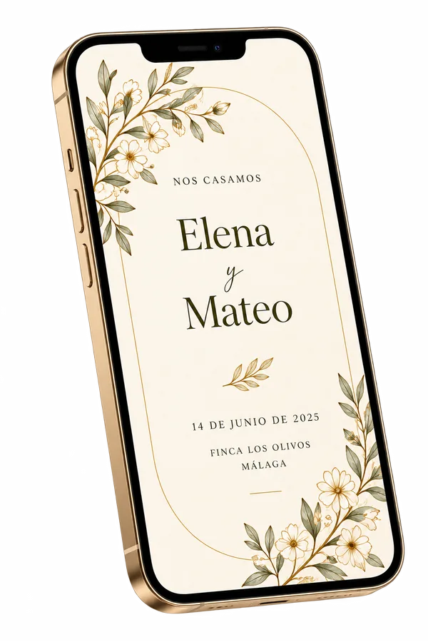 Invitación de Elena y Mateo en un teléfono dorado