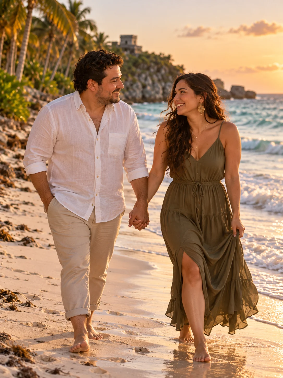 Valentina y Daniel paseando juntos por la playa antes de su boda